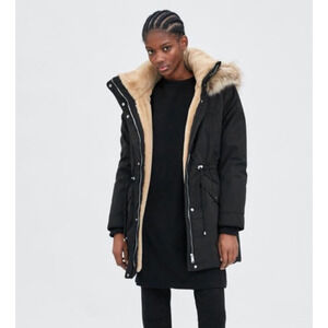 Women's Zara Sorona DuPont Fur Lined Puffer Parka Jacket size L Scandinavian